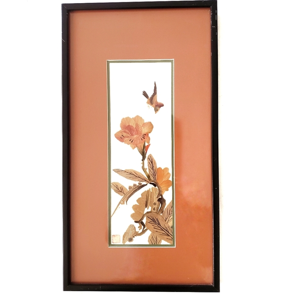 Vintage Other - Vintage Chinese Silk Embroidery Floral and Bird framed Art Panel Signed